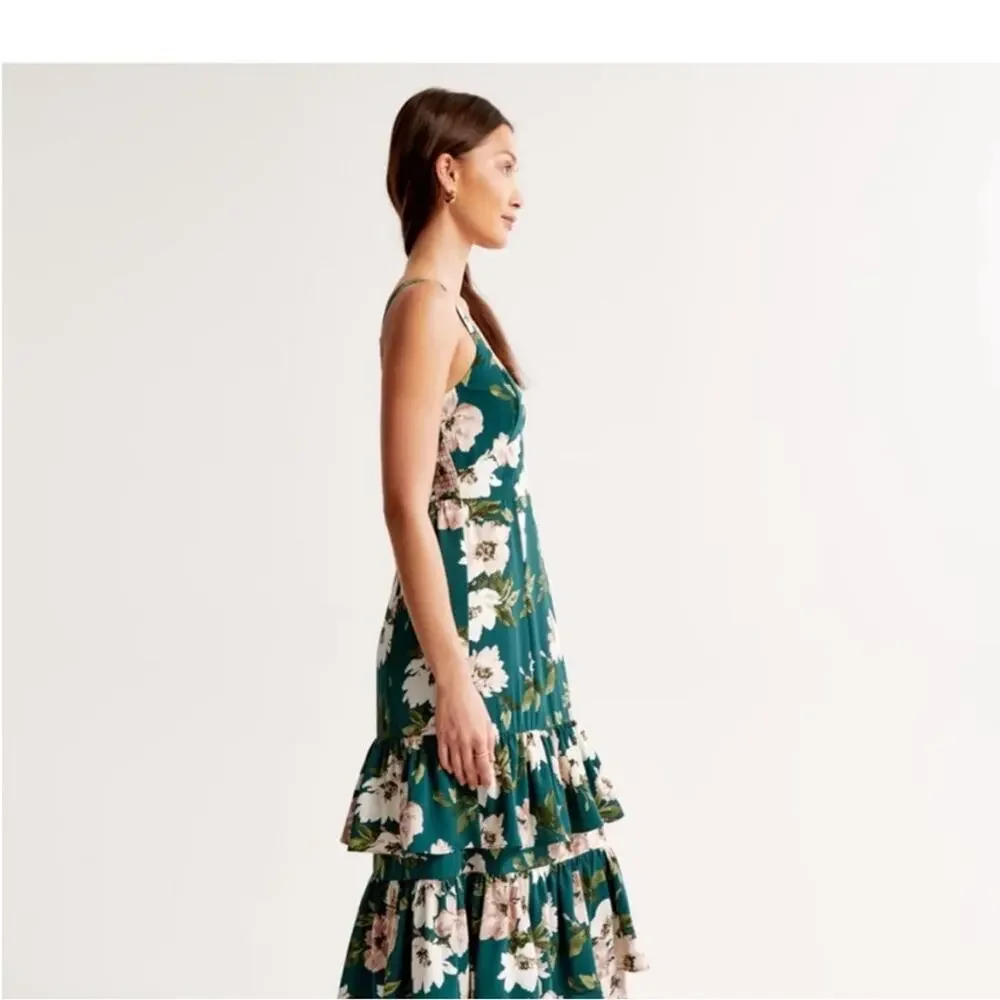 A&F Drama Ruffle Tiered Maxi Dress in Green Floral
